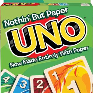 The Mattel Games UNO Nothin' But Paper Card Game is a family game featuring 100 percent paper cards that are fully recyclable, suitable for 2-10 players.